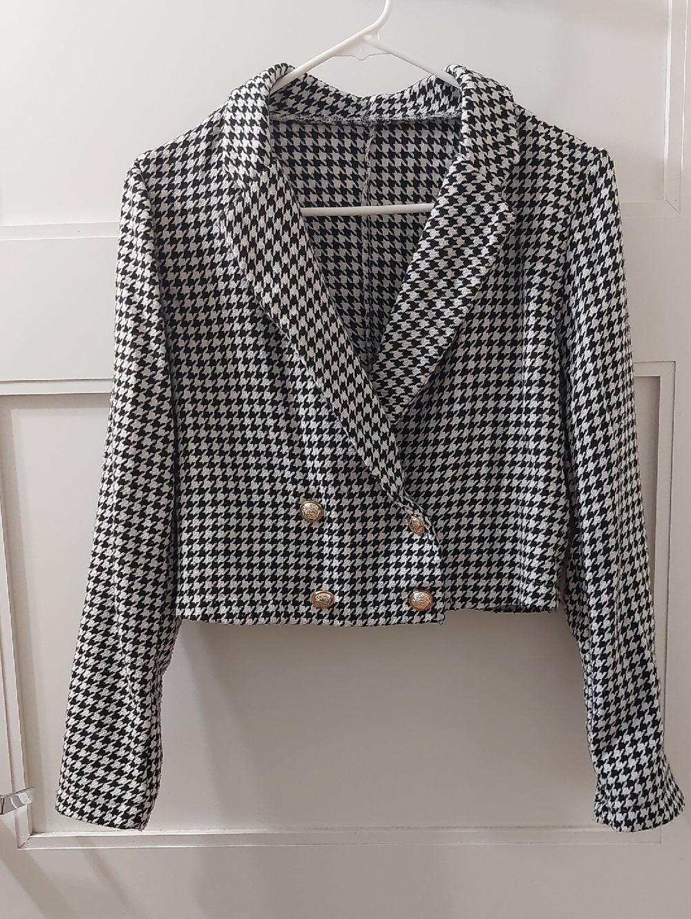 Black & White Houndstooth Double-Breasted Cropped Jacket